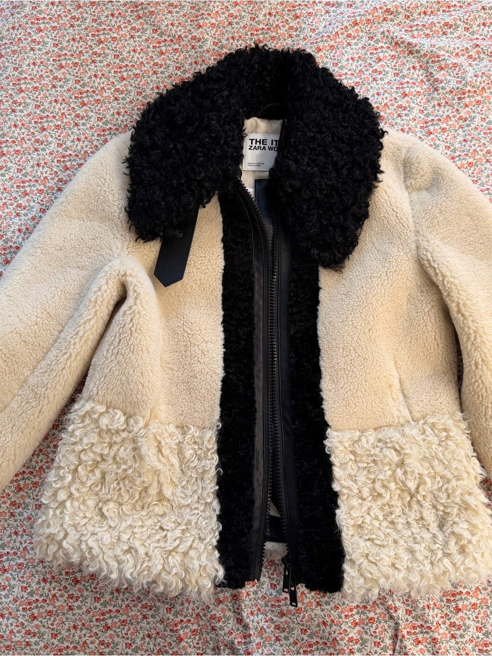 Zara Two-Tone Cream and Black Teddy Shearling Jacket
